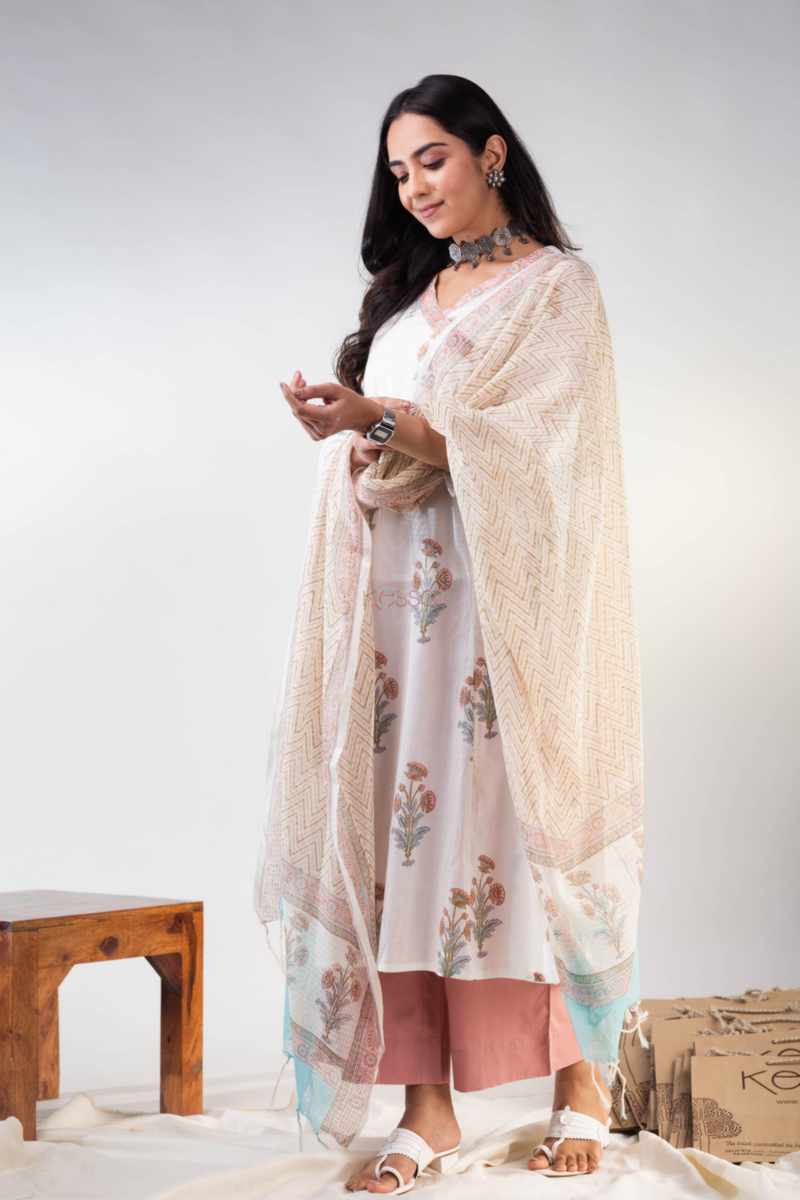 Image for Kusvaa Vcr186 Ekaparnika Handblock Kurta With Kota Doriya Dupatta Side