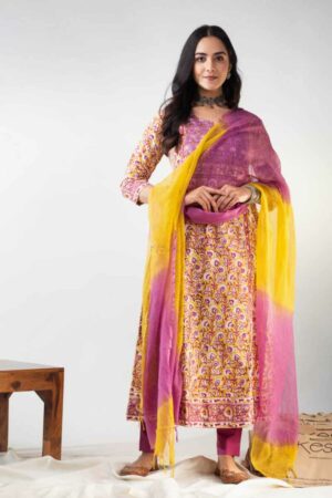 Image for Kusvaa Wsr364 Hiranya Handblock Kurta With Kota Doriya Dupatta Featured