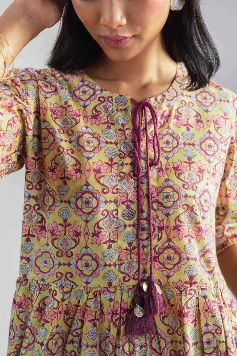 Image for Kusvaa Wsr372 Dishitha Handblock Cotton Dress Closeup