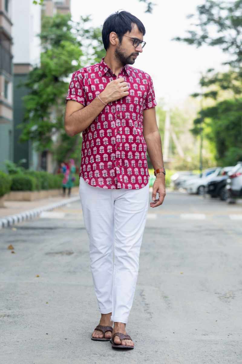 Image for Kusvaa Bpr30 Lekhit Handblock Men Half Sleeves Shirt Closeup 2