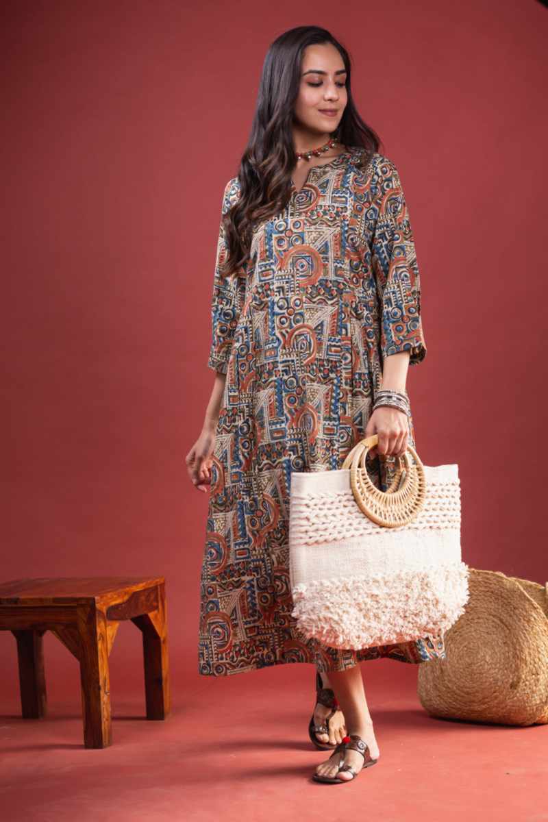 Image for Kusvaa Ws1004 Ekaparnika Cotton Kalmkari Dress Front