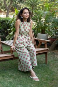 Image for Kusvaa Wsr380 Aahna Handblock Cotton Jumpsuit Sitting