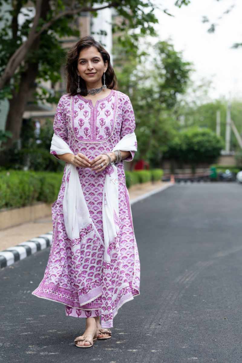 Image for Kusvaa Wsr393 Shital Handblock Cotton Complete Suit Set Front