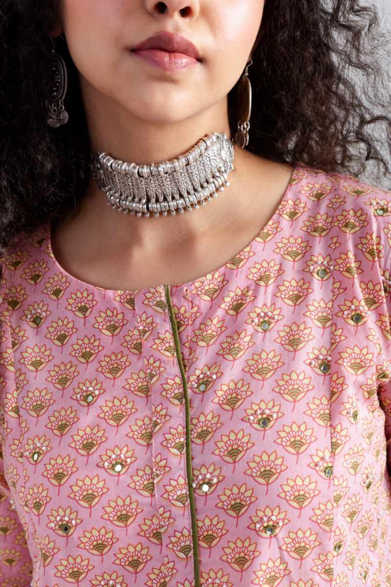 Image for Kusvaa Vcr216 Hamsi Handblock Cotton A Line Kurta Closeup