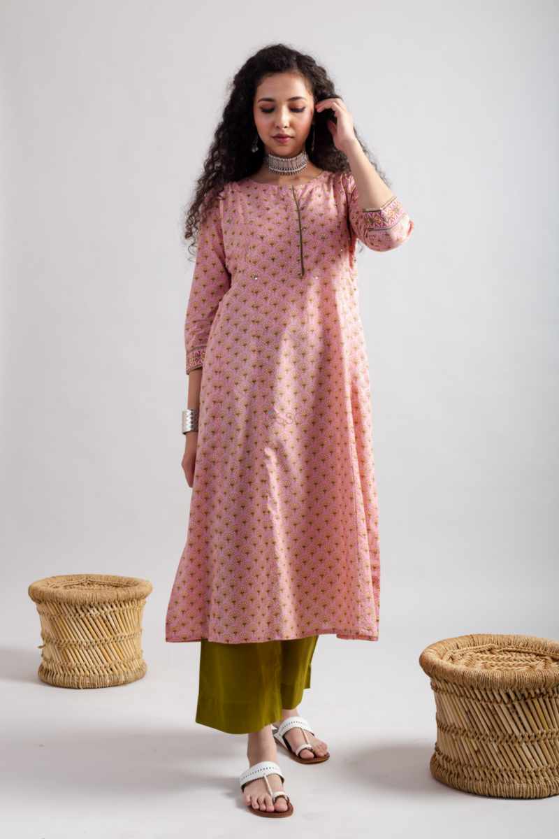 Image for Kusvaa Vcr216 Hamsi Handblock Cotton A Line Kurta Front