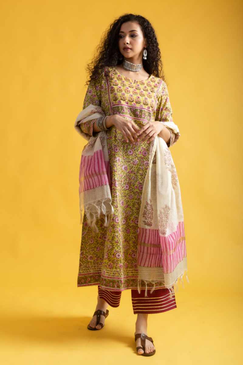 Image for Kusvaa Wsr313 Mohana Handblock Print Kurta With Chanderi Dupatta Side New