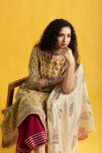 Image for Kusvaa Wsr313 Mohana Handblock Print Kurta With Chanderi Dupatta Sitting New