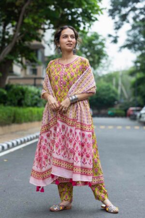 Image for Kusvaa Wsr398 Gauri Handblock Cotton Complete Suit Set Side New