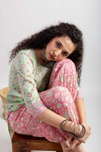 Image for Kusvaa Wsr399 Kavya Handblock Kurta Pant Set Sitting