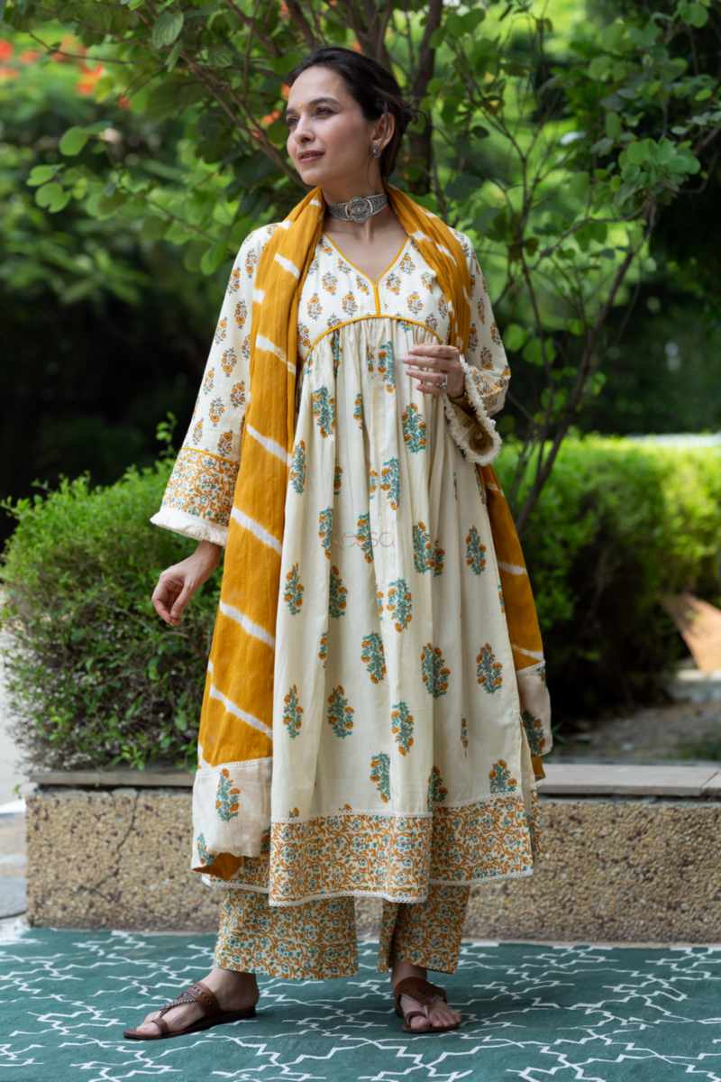 Image for Kusvaa Avdaf259 Ranit Cotton Handblock Complete Suit Set Side New