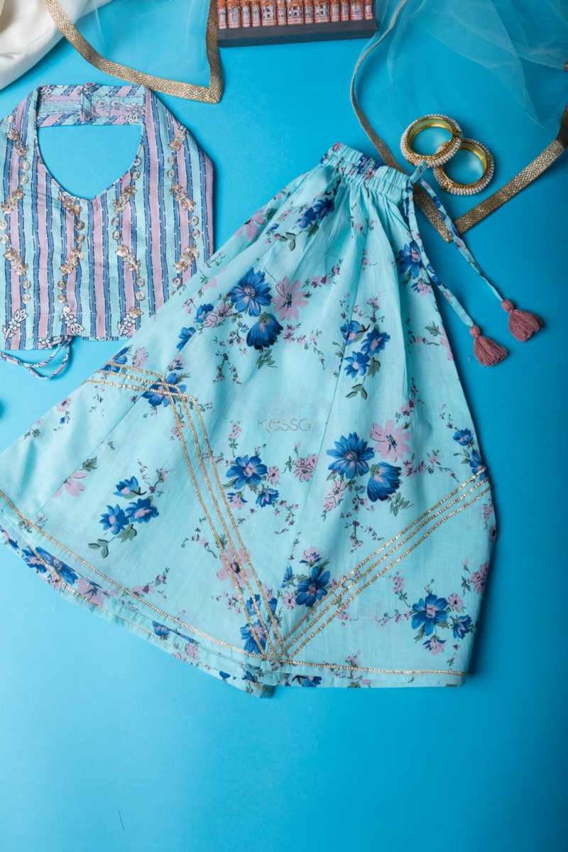 Image for Kusvaa Mbe94 Hiranya Girls Cotton Skirt With Top And Dupatta Set Front