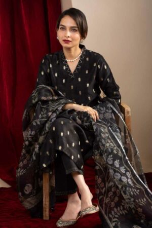 Image for Kusvaa Ws1068 Aamira Chanderi Complete Suit Set Sitting