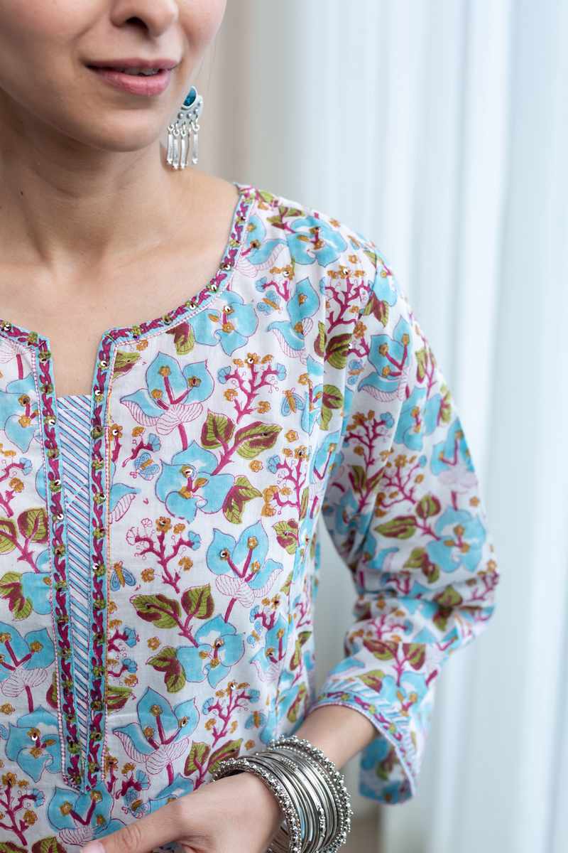 Image for Kusvaa Wsr445 Dakshata Cotton Handblock Kurta Closeup 2