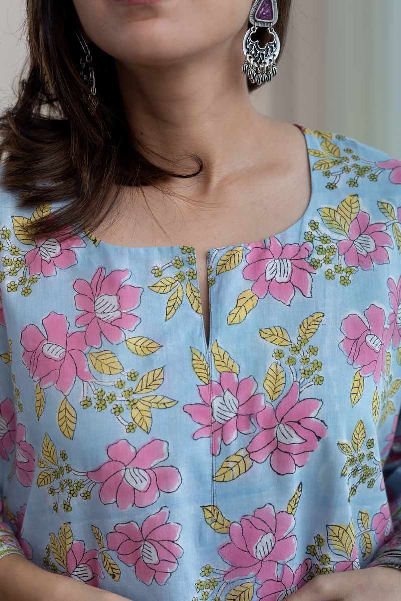 Image for Kusvaa Ne148 Eesha Cotton Handblock Kurta Closeup 2