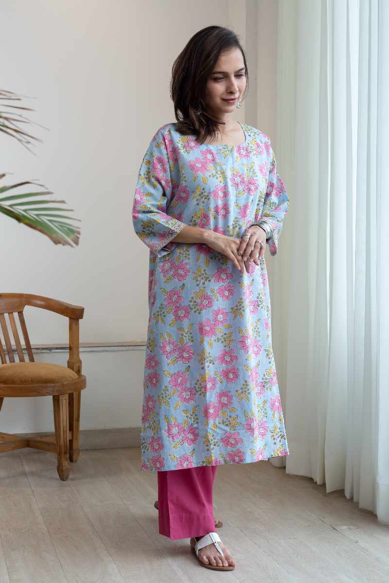 Image for Kusvaa Ne148 Eesha Cotton Handblock Kurta Pocket