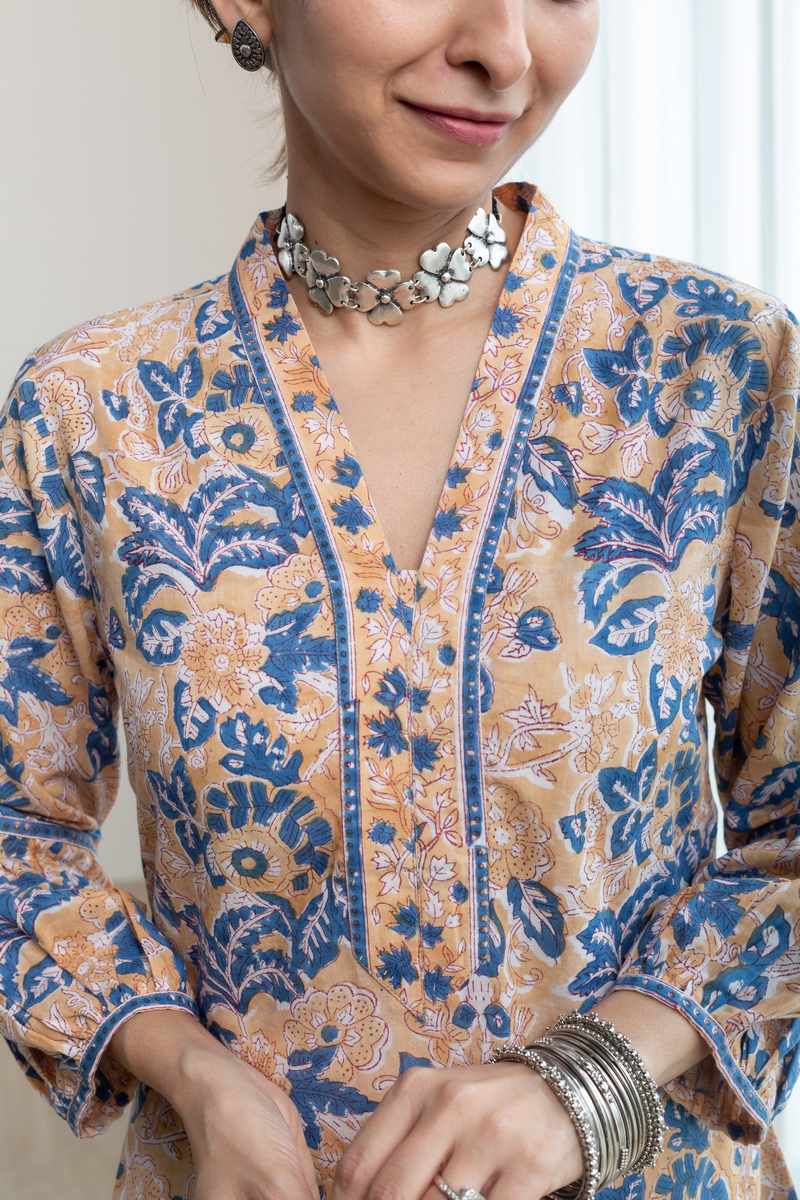 Image for Kusvaa Ne153 Artha Cotton Handblock Kurta Closeup