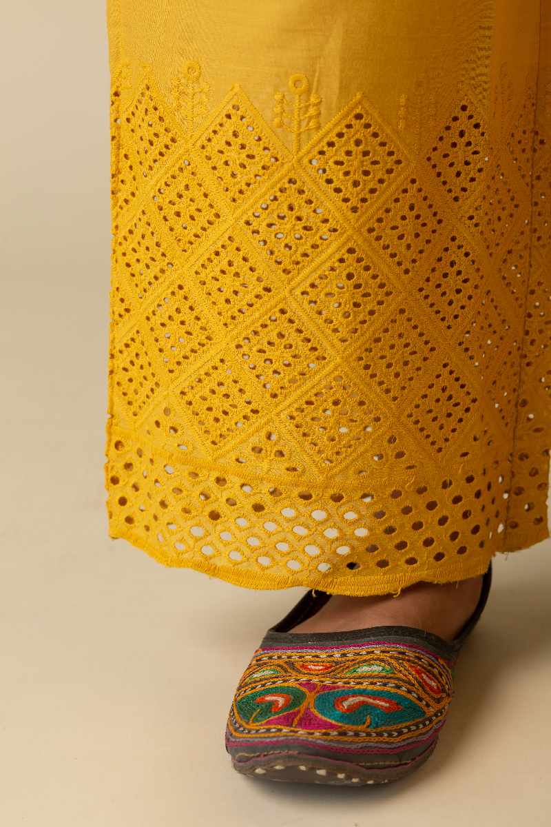Image for Kusvaa Pnt002 Yellow Cotton Schiffli Pant Front