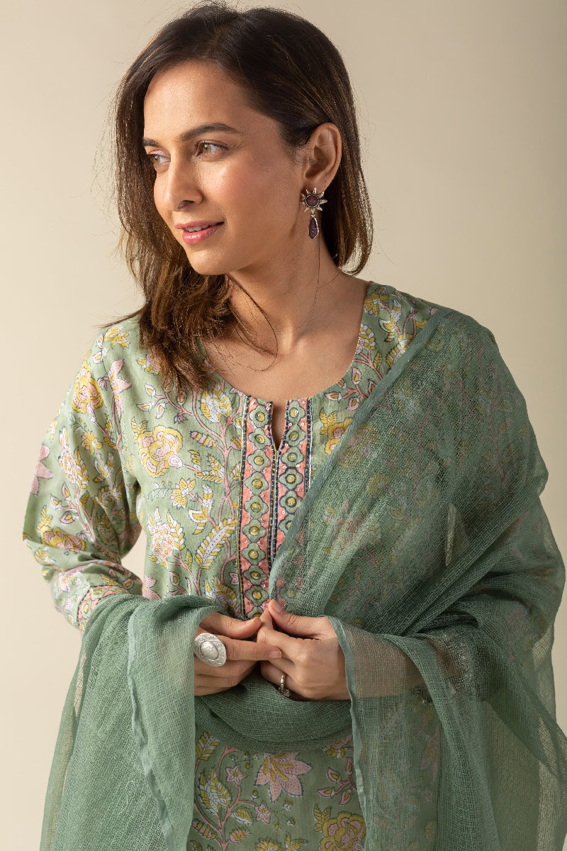 Image for Kusvaa Cood017 Maheyi Cotton Block Print Kurta Pant Set Featured New