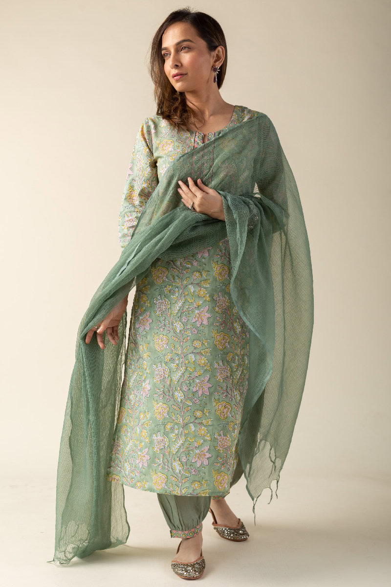 Image for Kusvaa Cood017 Maheyi Cotton Block Print Kurta Pant Set Pocket New