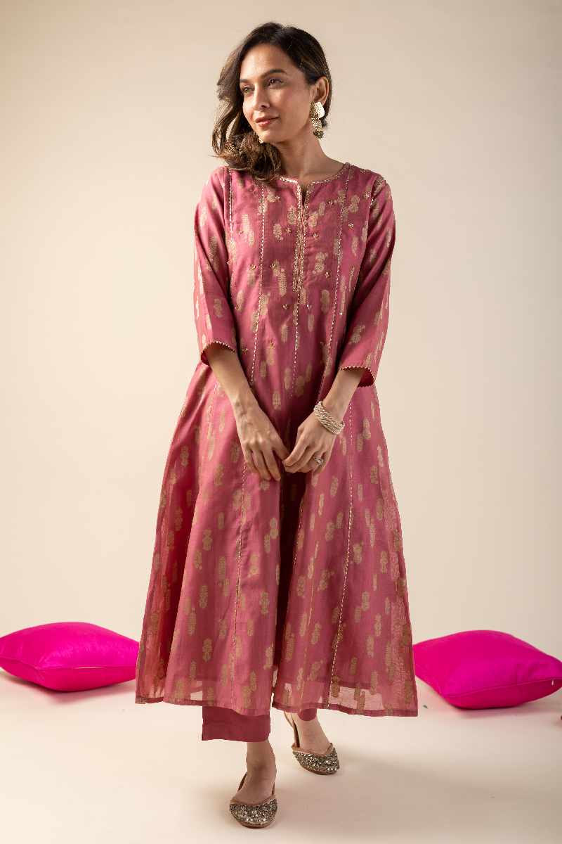 Image for Kusvaa Cood018 Anshula Chanderi Kurta Pant Set Neck