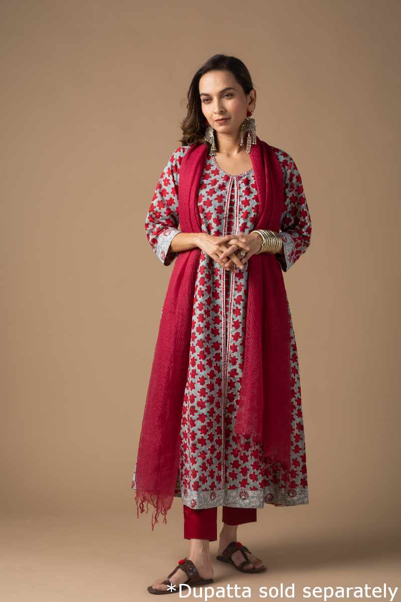 Image for Kusvaa Wkr015 Krishna Cotton Handblock Kurta Closeup New