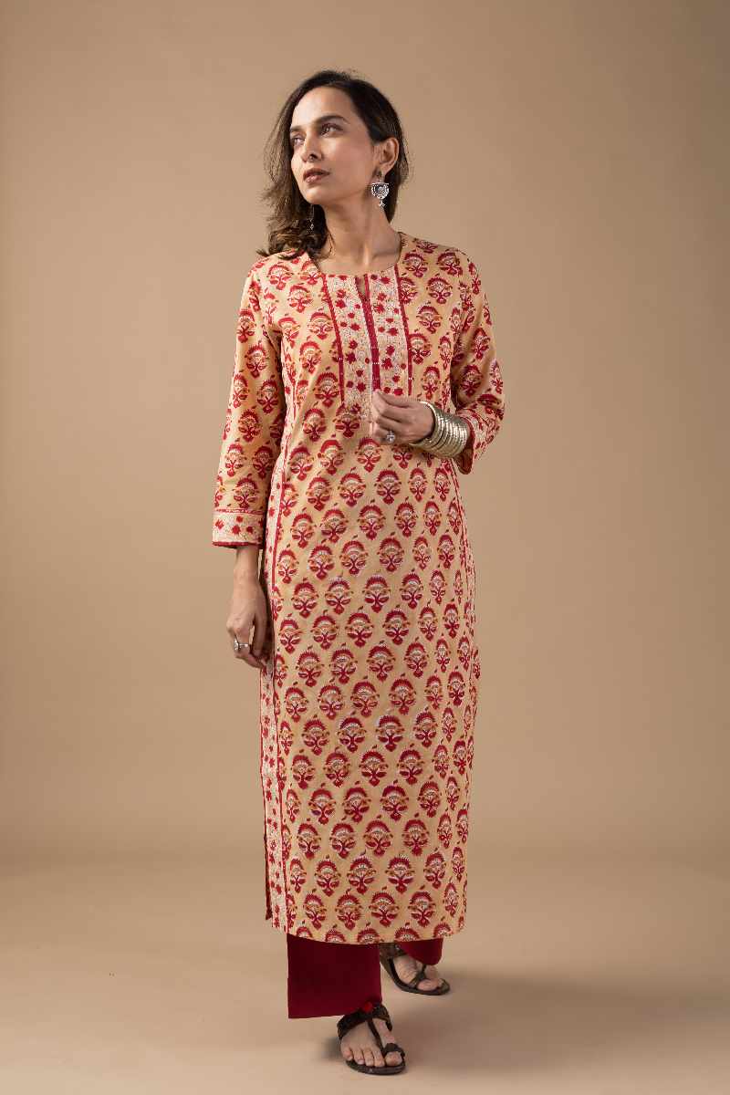 Image for Kusvaa Wkr018 Tvisha Cotton Block Print Kurta Closeup 2