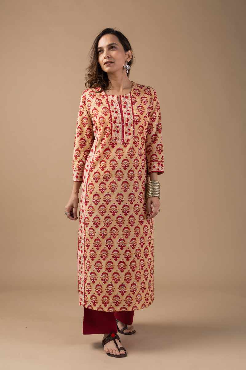 Image for Kusvaa Wkr018 Tvisha Cotton Block Print Kurta Closeup