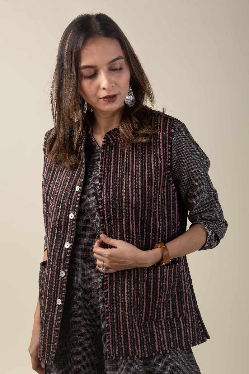 Image for Kusvaa Jak005 Akhila Quilted Sleeveless Reversible Silk Jacket Pocket