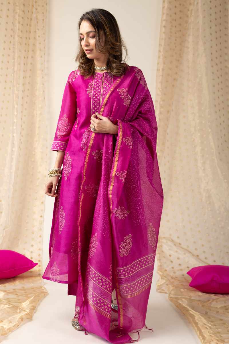 Image for Kusvaa Kds003 Arya Chanderi Kurta With Dupatta Set Front