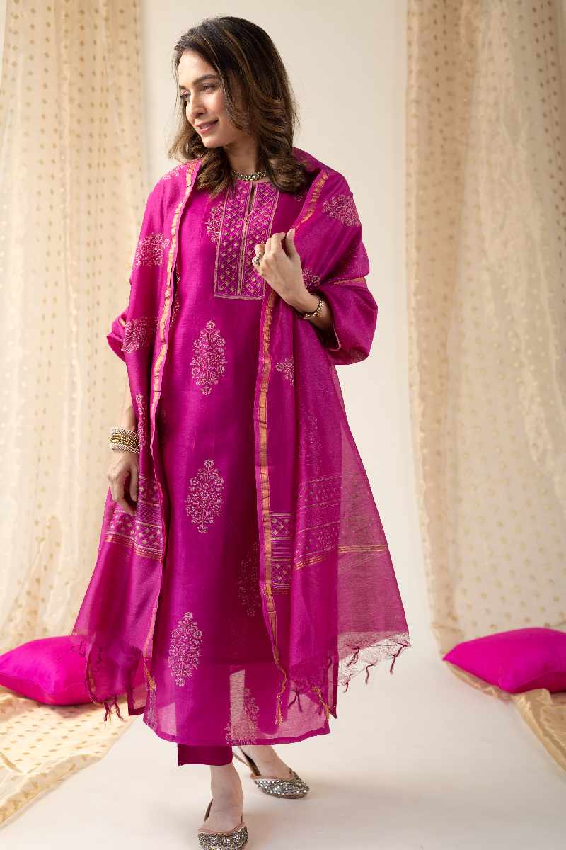 Image for Kusvaa Kds003 Arya Chanderi Kurta With Dupatta Set Side