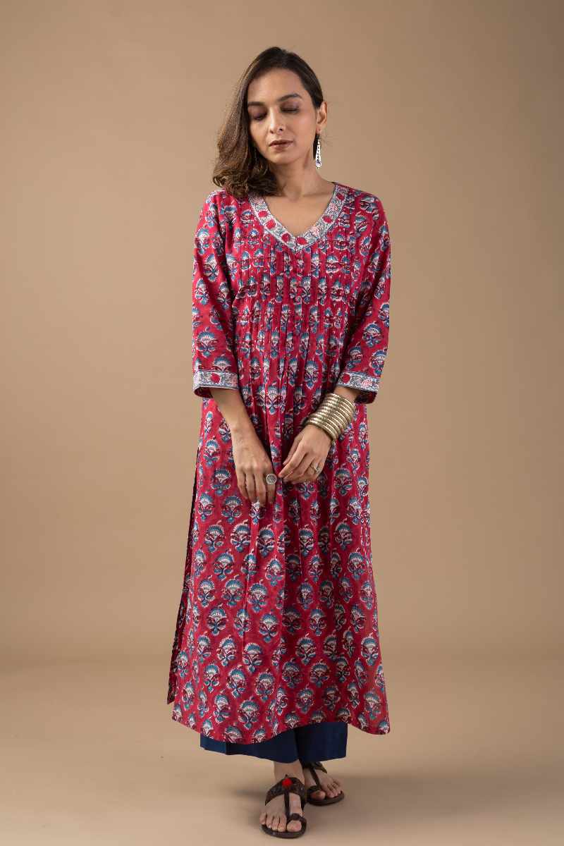 Image for Kusvaa Wkr027 Ira Cotton Blockprint Kurta Front