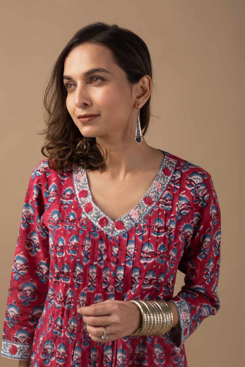 Image for Kusvaa Wkr027 Ira Cotton Blockprint Kurta Pocket