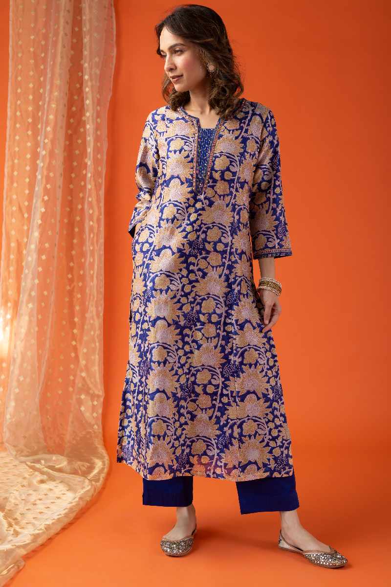 Image for Kusvaa Wkr028 Hyma Chanderi Straight Kurta Closeup 4