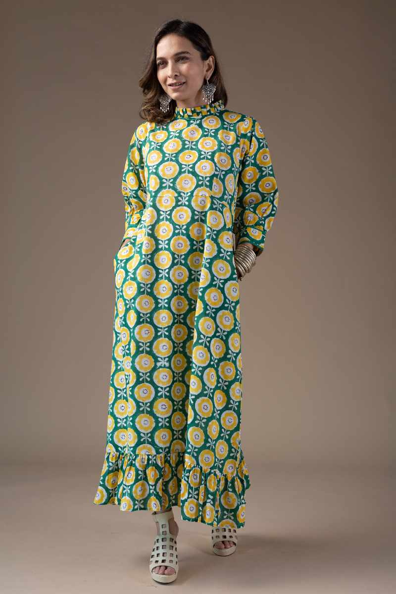 Image for Kusvaa Dr013 Brahmi Cotton Block Print Dress Sitting