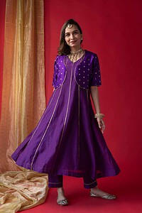 Image for Kusvaa Cood058 Jeena Chanderi Kurta Pant With Jacket Set Pocket