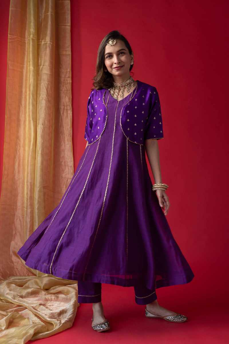 Image for Kusvaa Cood058 Jeena Chanderi Kurta Pant With Jacket Set Pocket
