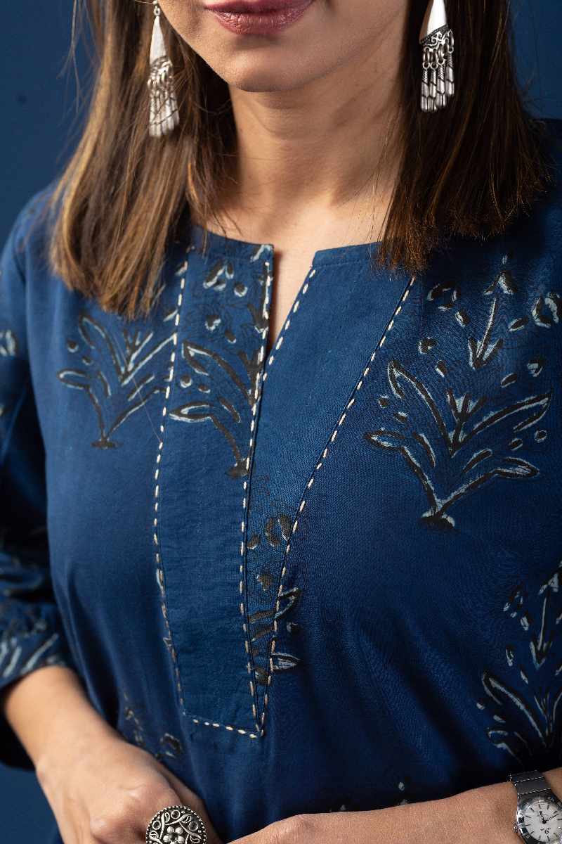 Image for Kusvaa Wkr052 Nirvana Cotton Handblock Print Kurta Neck