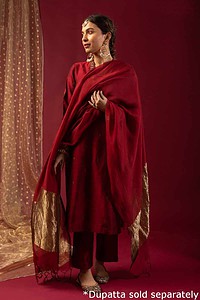 Image for Kusvaa Cood070 Ratri Cotton Silk Kurta Pant Set Sleeves