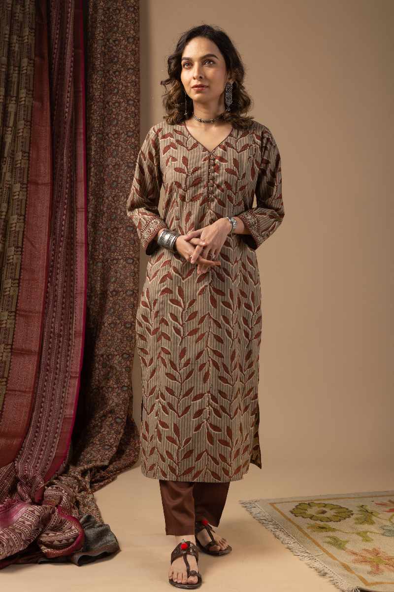 Image for Kusvaa Wkr072 Sunila Cotton Screen Print Kurta Neck