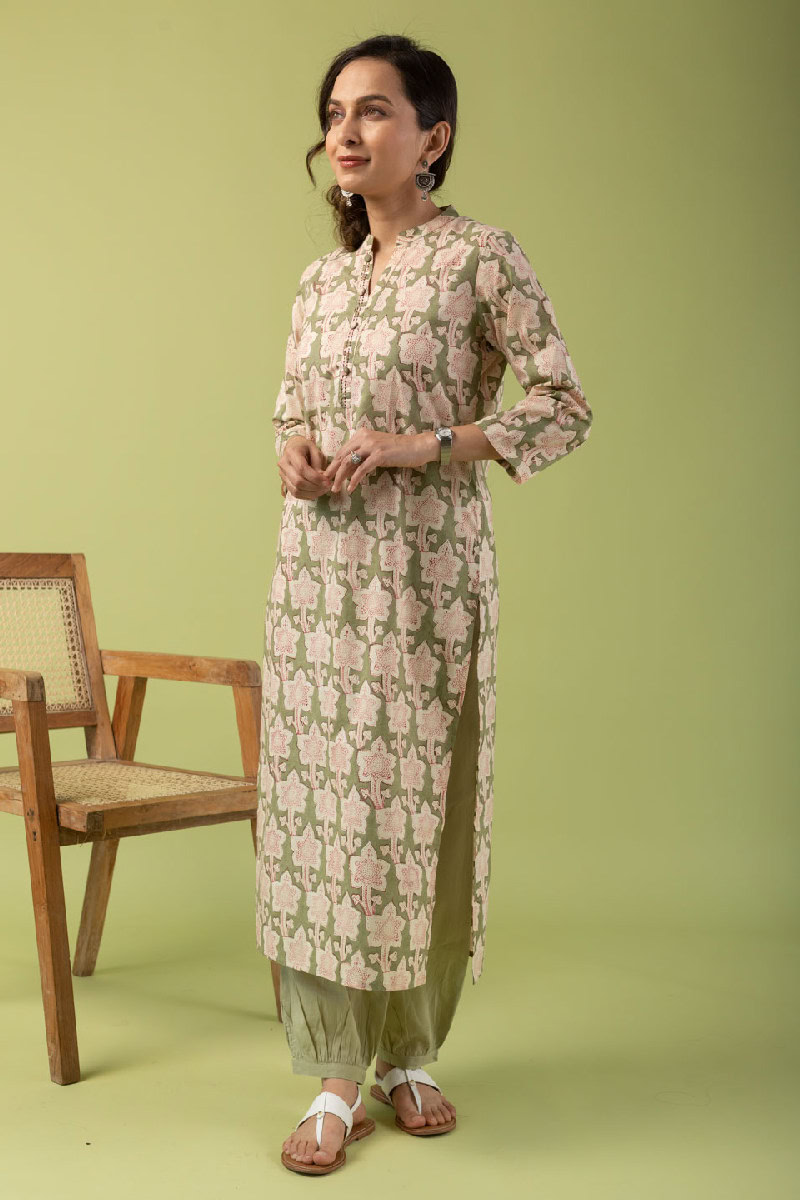 Image for Kusvaa Wkr074 Sneha Cotton Blockprint Kurta Closeup