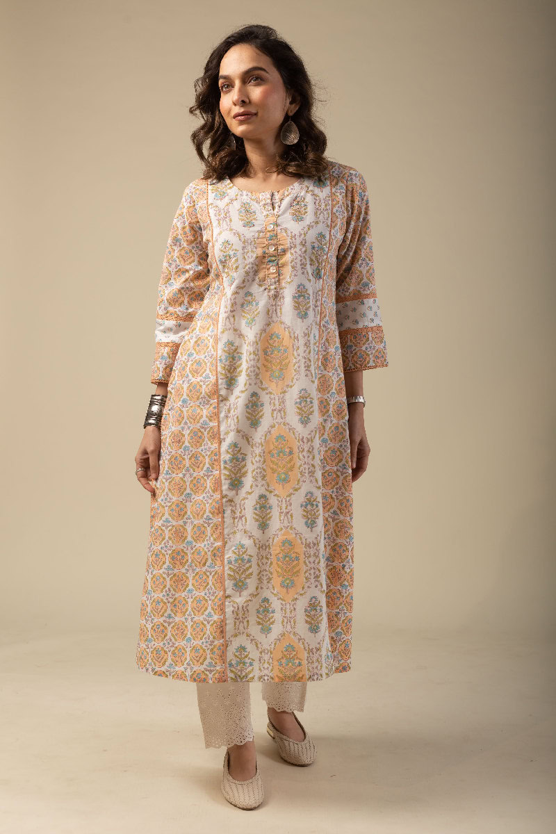 Image for Kusvaa Wkr077 Savarna Cotton Blockprint Kurta Back New