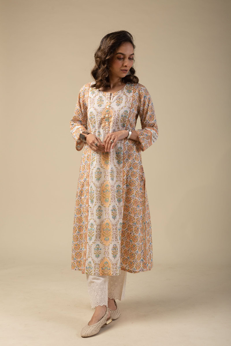 Image for Kusvaa Wkr077 Savarna Cotton Blockprint Kurta Front New