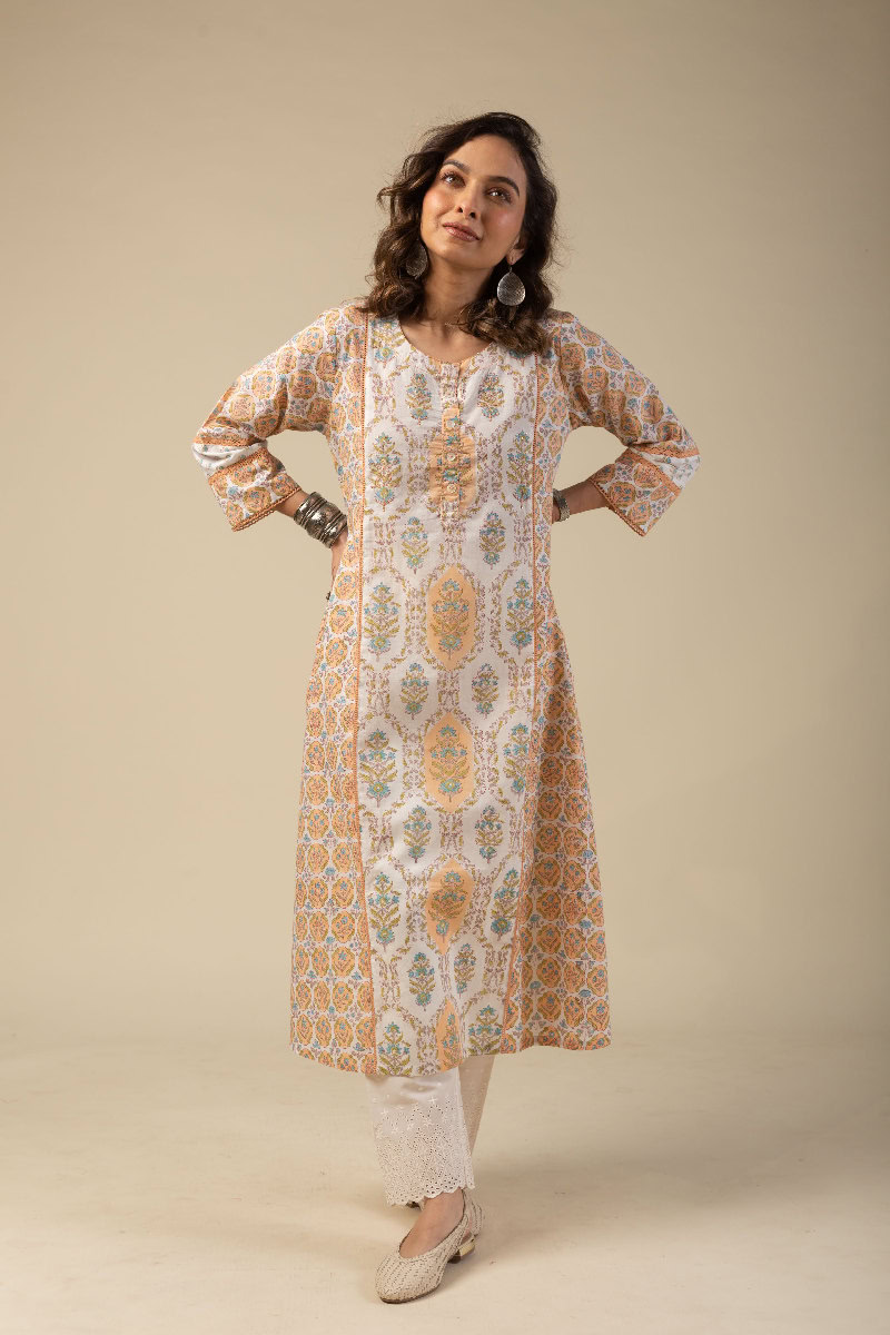 Image for Kusvaa Wkr077 Savarna Cotton Blockprint Kurta Sitting New
