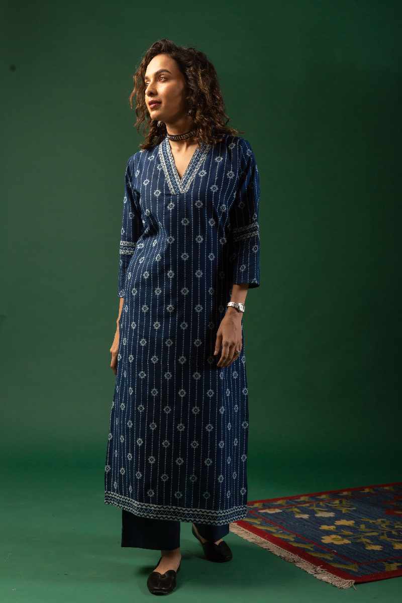 Image for Kusvaa Wkr085 Lalee Cotton Handblock Kurta Neck