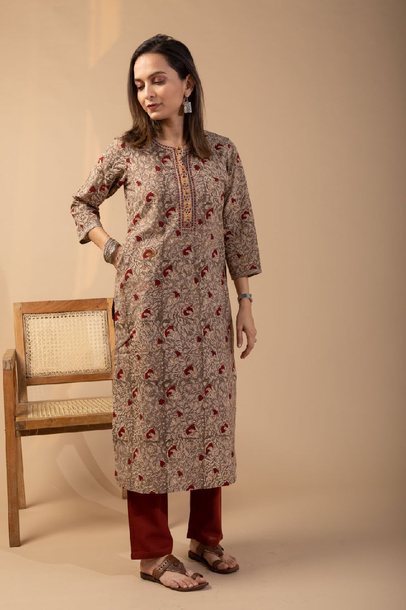 Image for Kusvaa Wkr089 Aaina Cotton Kalamkari Kurta Sleeves