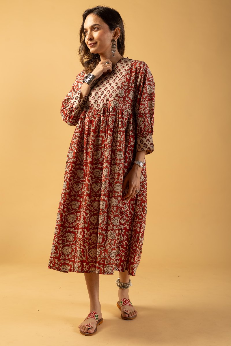 Image for Kusvaa Dr026 Lina Cotton Handblock A Line Dress Pocket