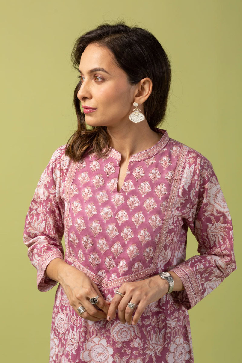 Image for Kusvaa Wkr107 Seema Cotton Handblock Kurta Closeup 2