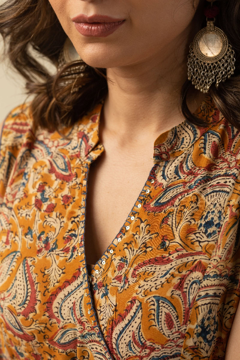 Image for Kusvaa Wkr114 Ahani Muslin Kalamkari Kurta Closeup