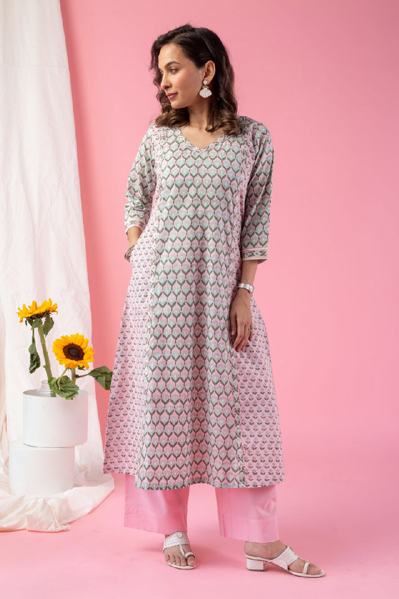Image for Kusvaa Wkr117 Sanju Cotton Blockprint Kurta Closeup 3