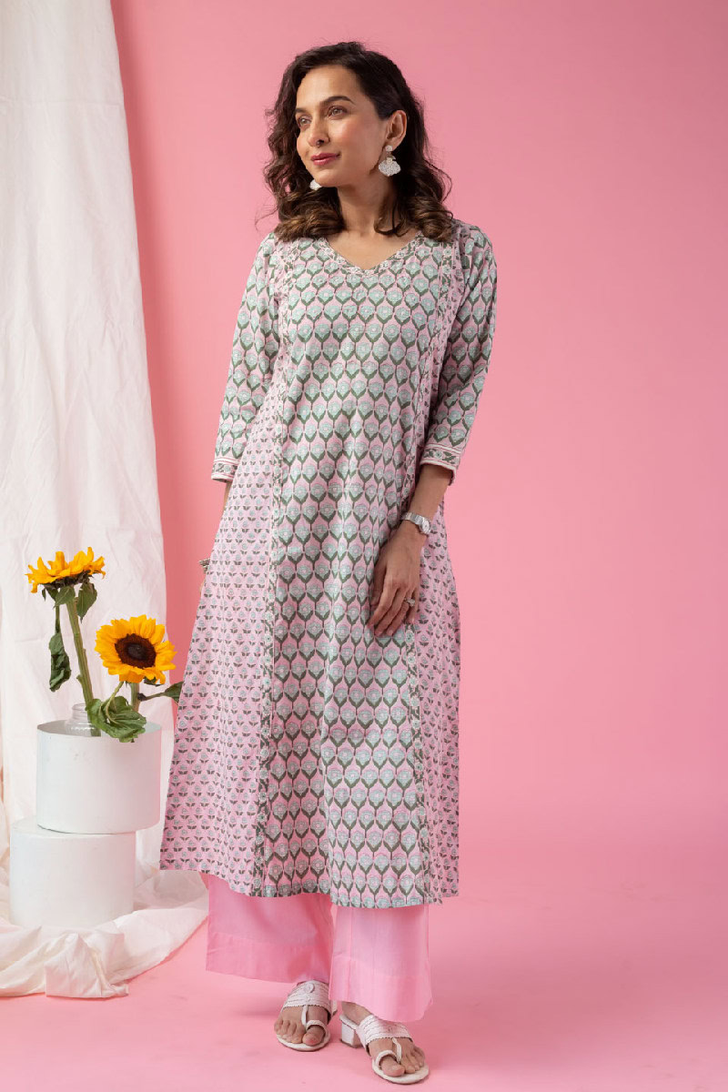Image for Kusvaa Wkr117 Sanju Cotton Blockprint Kurta Neck